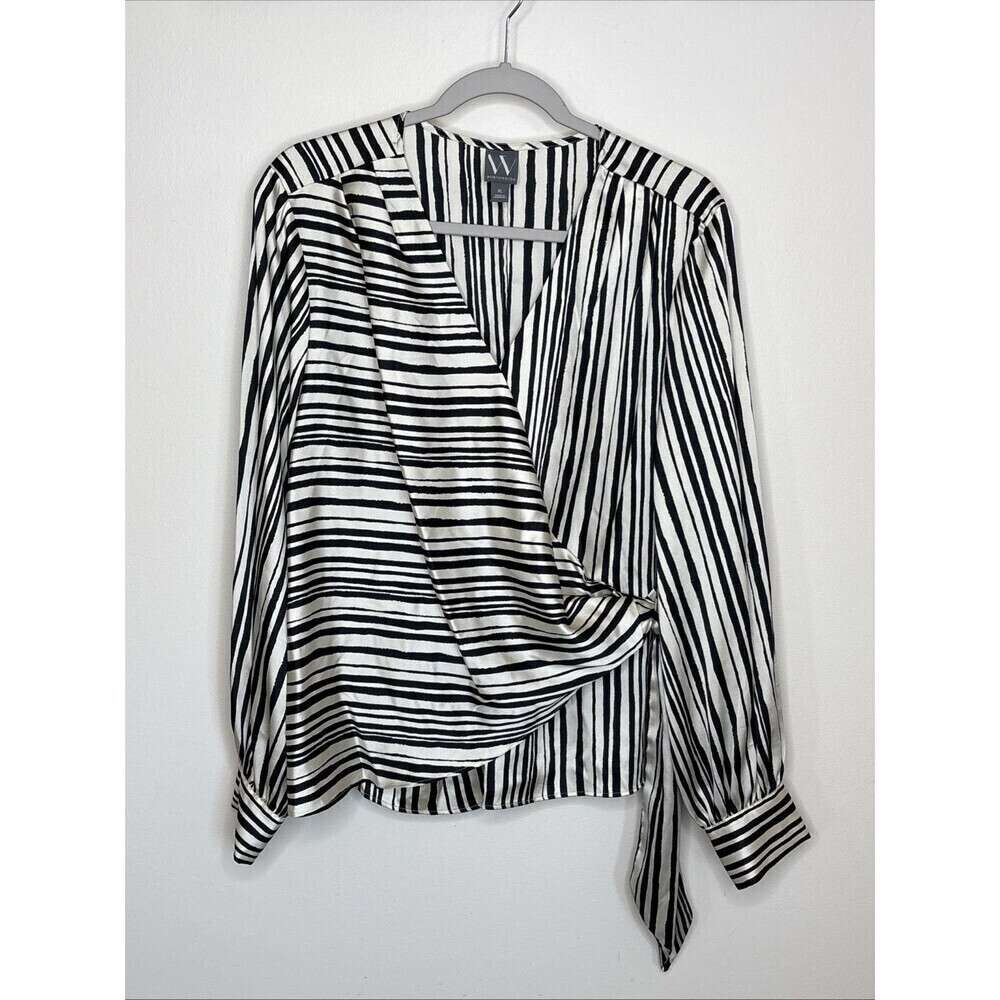Worthington Black & Cream Soft Cross Front Long Sleeves Career Blouse XL